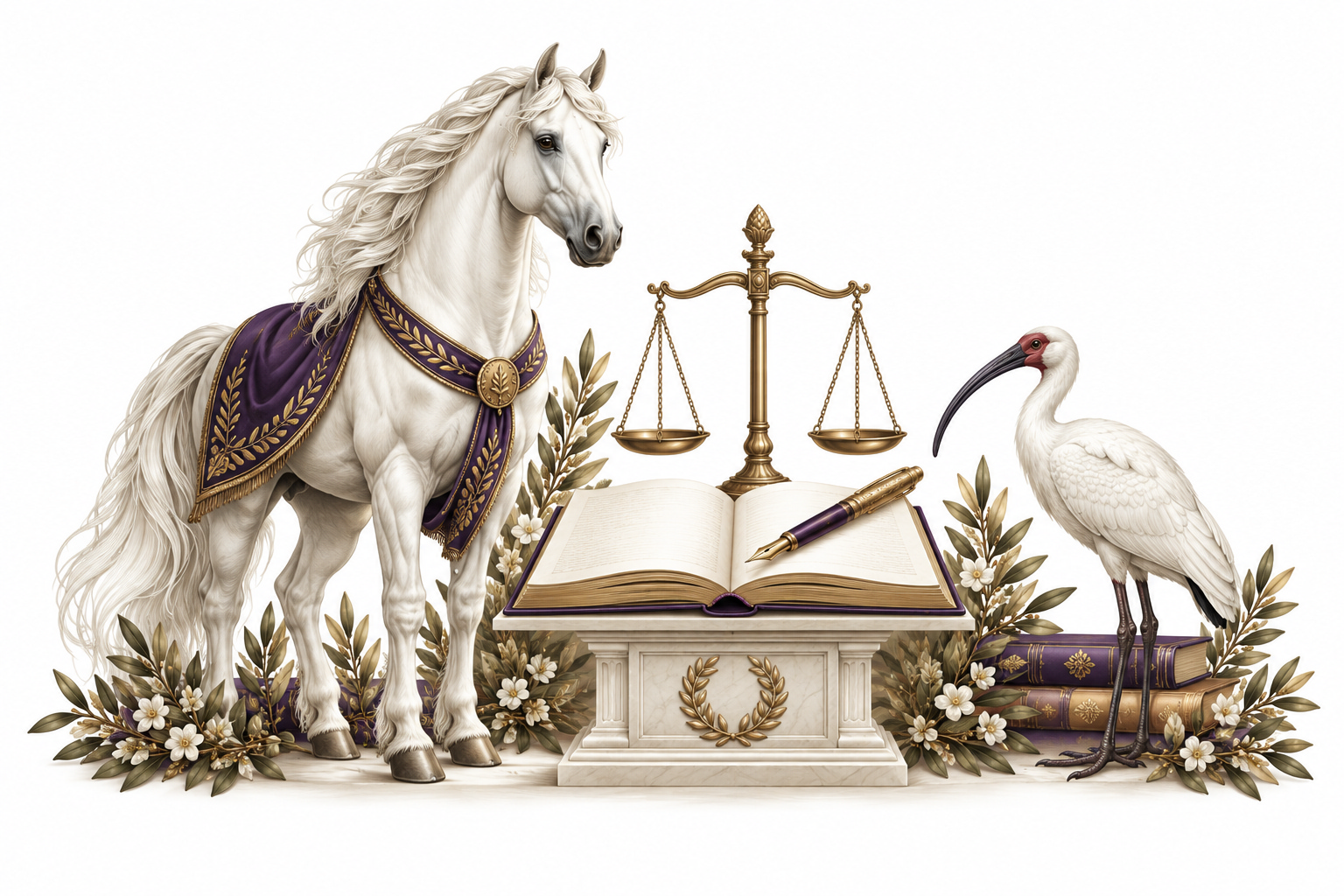 The KBC horse and ibis beside an open book and balanced scales, from the original handbook cover.